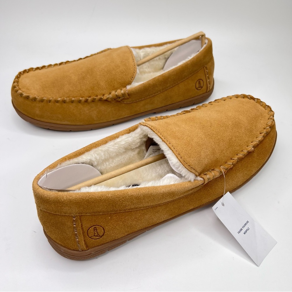 NWT Lands’ End Men’s English Tan Suede Leather Faux Fur Lined Moccasin Slippers - Picture 10 of 15